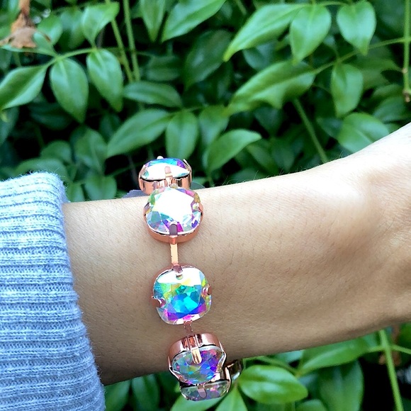 Aurora Borealis + Rose Gold Cushion Cut Crystal Tennis Bracelet - Picture 5 of 9